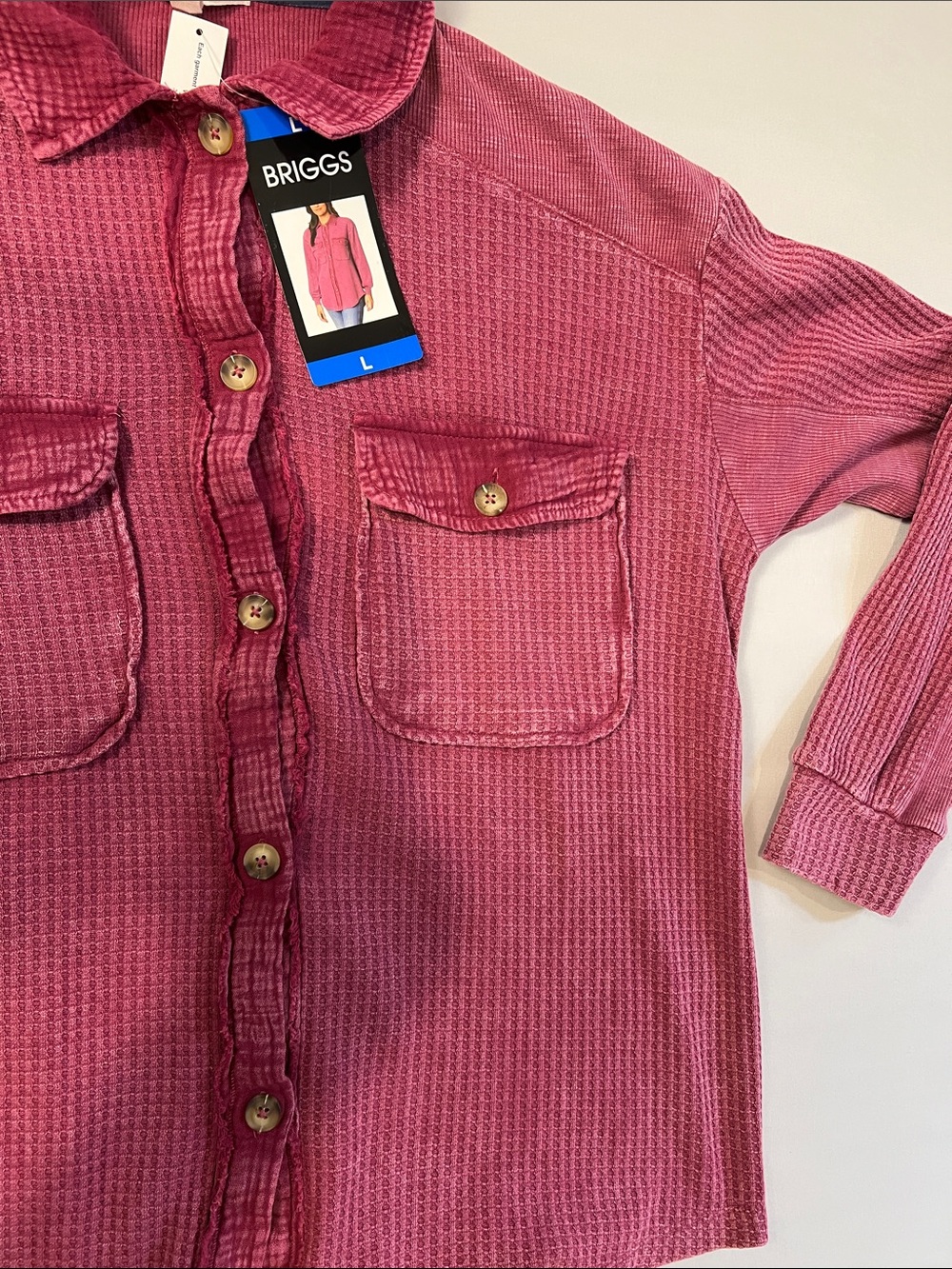 Briggs New York Raspberry Red Waffle Knit Button-Front Shirt Size L - Picture 5 of 11